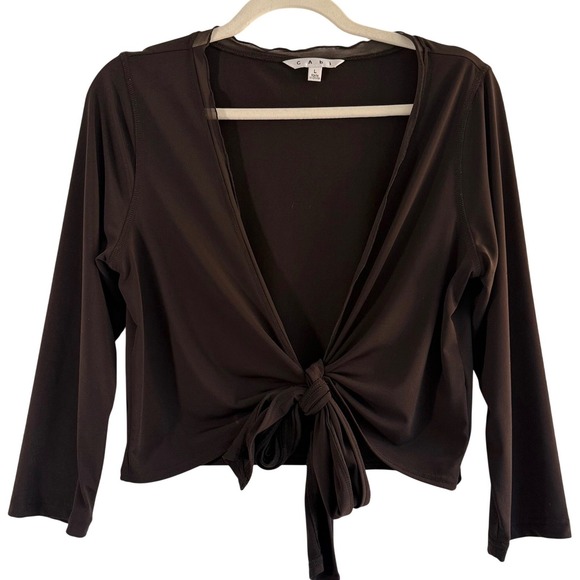 CAbi Sweaters - Cabi Brown Mesh Trim Tie-Front Crop Top Large Balletcore Coquette Long Sleeve